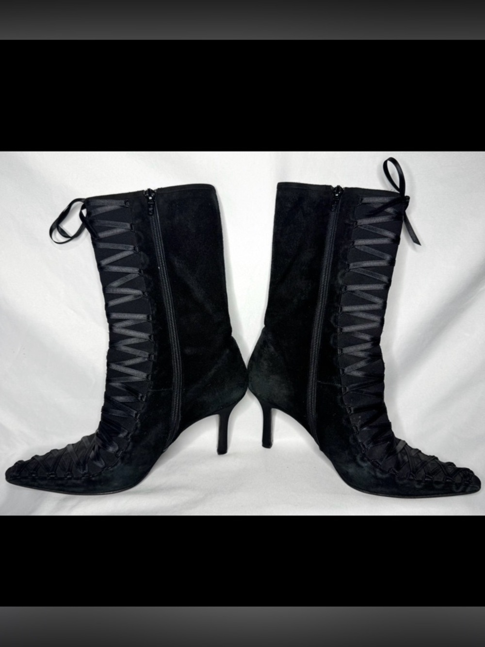 Beverly Feldman Black Lace-Up Suede Mid-Calf Heeled Boots 7.5